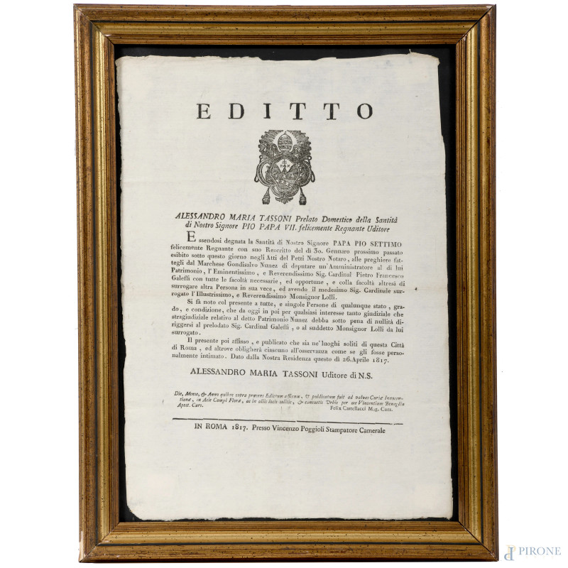 Editto, Alessandro Maia Tassoni [...], Roma 1817, misure cm 40x28, entro cornice  - Asta  ASTA A TEMPO | VARIÆ - Aste Pirone