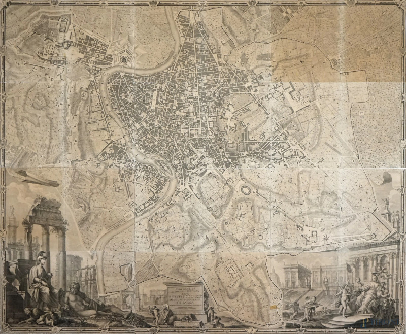 Giovan Battista Nolli, Nuova pianta di Roma, 1748, mappa murale incisa di Roma composta da 24 segmenti uniti in 12 fogli, cm 169x202,7 (piccoli difetti sulla carta, alcuni segmenti hanno tonalità più pallide)  - Asta ASTA DI ANTIQUARIATO E ARTE MODERNA - Aste Pirone