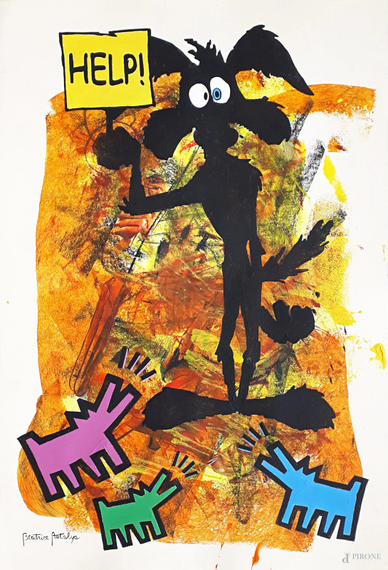 Pop Art - Help!, acrilici su cartoncino dell’artista Beatrice Antalya (1989), cm 50x35, firmato, con autentica  - Asta Asta a Tempo di Antiquariato e Arte Moderna - Aste Pirone