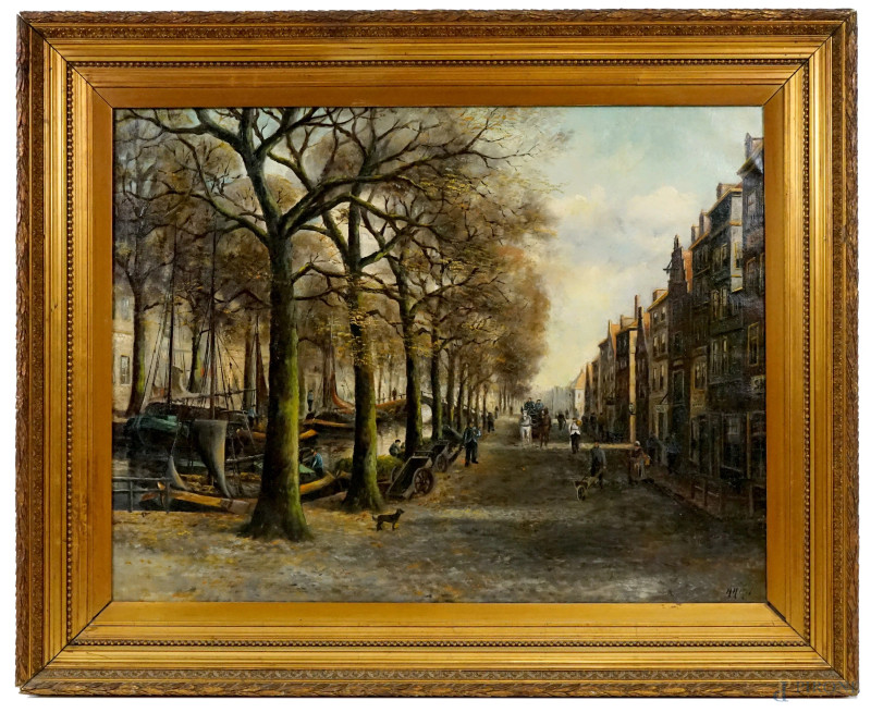 Scorcio di Amsterdam, olio su tela, cm 75x100, firmato, entro cornice.  - Asta ASTA A TEMPO - DUE SESSIONI - Aste Pirone