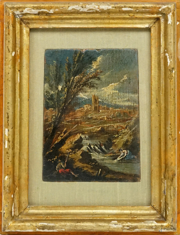 Paesaggio fluviale con rovine e figure, olio su tavola, cm 13,5x10, XIX secolo, entro cornice.  - Asta ASTA A TEMPO DI ANTIQUARIATO E ARTE MODERNA – DUE SESSIONI - Aste Pirone