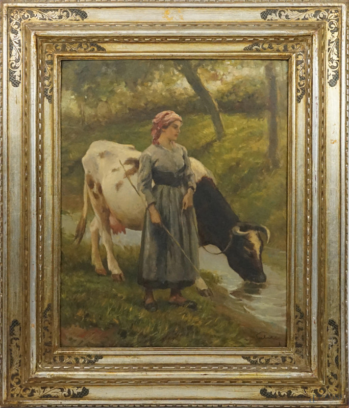 Pastorella con mucca, olio su cartone, cm 50x40, firmato, entro cornice  - Asta ASTA A TEMPO DI ANTIQUARIATO E ARTE MODERNA – DUE SESSIONI - Aste Pirone