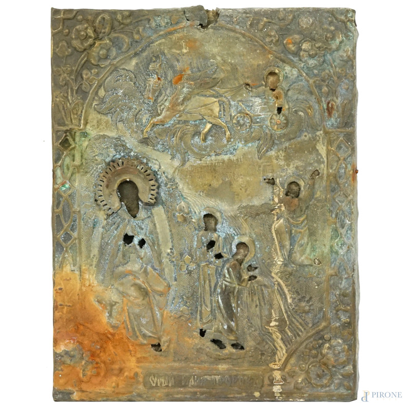 Antica icona russa con riza in metallo dorato raffigurante il profeta Elia su un carro di fuoco e scene della sua vita, cm 22x17, (difetti)  - Asta ASTA A TEMPO DI ANTIQUARIATO E ARTE MODERNA - Aste Pirone