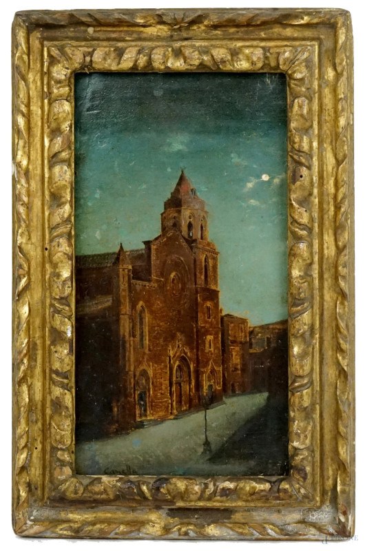 Cattedrale, olio su tavola, cm 26x14, firmato, entro cornice.  - Asta ASTA A TEMPO - Aste Pirone