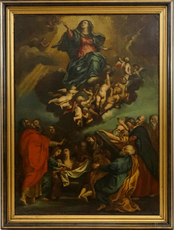 Pittore del XVII secolo, Assunzione della Vergine, olio su tela, cm 107x77, entro cornice, (difetto sulla tela)  - Asta ASTA A TEMPO DI ANTIQUARIATO E ARTE MODERNA - Aste Pirone