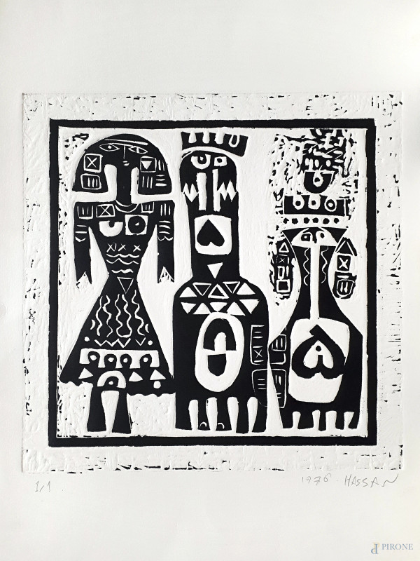 Hassan (XX sec.), Figure, 1976, linoincisione calcografica su carta, esemplare unico 1/1, cm 50x35 (foglio), firma, numerazione e data  - Asta ASTA A TEMPO DI ANTIQUARIATO E ARTE MODERNA – DUE SESSIONI - Aste Pirone