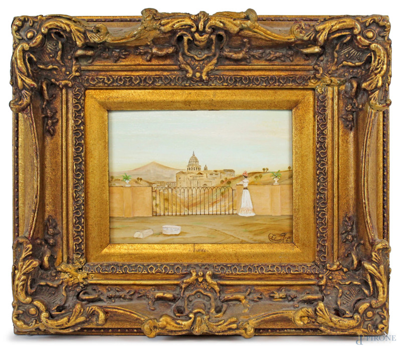 Veduta di San Pietro, olio su tavola, cm 18x24, firmato, entro cornice.  - Asta ASTA A TEMPO - DUE SESSIONI - Aste Pirone