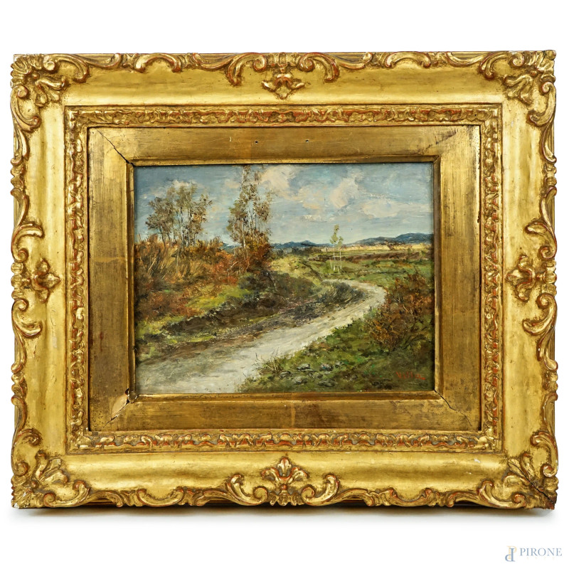 Scorcio campestre, olio su tavola, cm 20x25, firmato, entro cornice.  - Asta ASTA DI ANTIQUARIATO - Aste Pirone