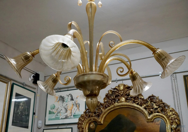 Lampadario in vetro di Murano a sei luci, XX secolo, cm h 100, (mancanze)  - Asta ASTA DI ANTIQUARIATO E ARTE MODERNA - Aste Pirone