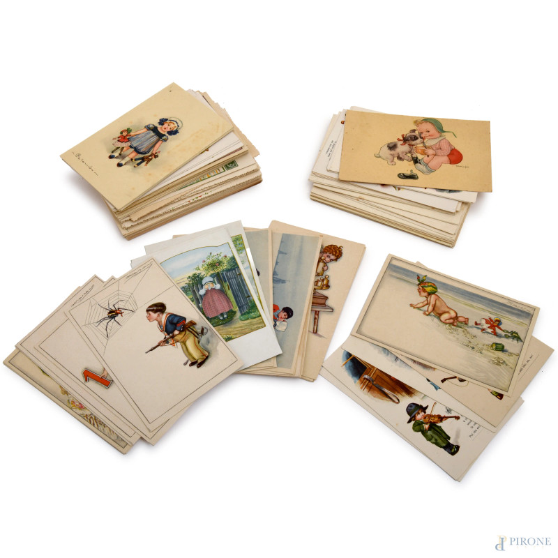 Lotto di cartoline decorate con scene di vario genere, XX secolo, cm 14,5x9,5, (difetti)  - Asta ASTA A TEMPO | VARIÆ - Aste Pirone