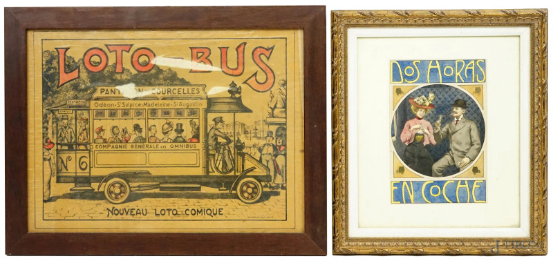 "Dos horas en coche" e "Loto brus", lotto composto da una stampa ed una locandina dipinta ad acquarello su carta, misure max cm 27x37, entro cornice, (difetti).   - Asta ASTA A TEMPO - Aste Pirone