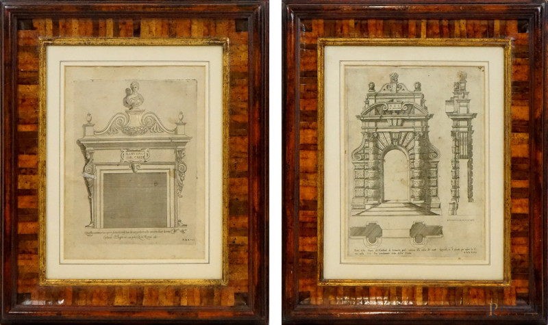 Lotto di due antiche incisioni raffiguranti Porta della Vigna del Cardinale di Sermoneta al Monte Quirinale e studio di Camino del Palazzo Farnese, misure max cm 32x24, entro cornici, (difetti sulla carta).  - Asta ASTA DI ANTIQUARIATO E ARTE MODERNA - Aste Pirone