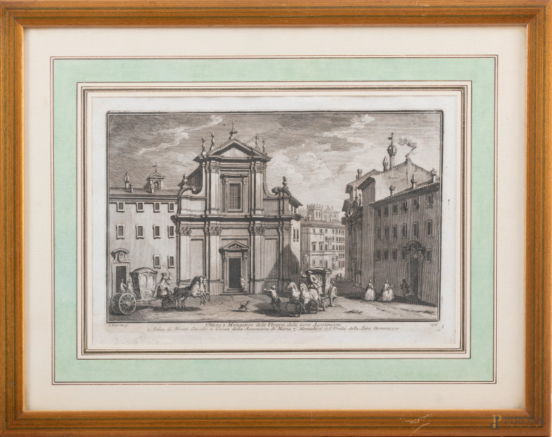 Giuseppe Vasi, Chiesa e Monastero delle Vergini, delle Suore agostiniane, acquaforte tiratura coeva, cm 37x49, compreso passepartout, entro cornice, (segni di usura, ondulazioni della carta)  - Asta  ASTA A TEMPO | VARIÆ - Aste Pirone