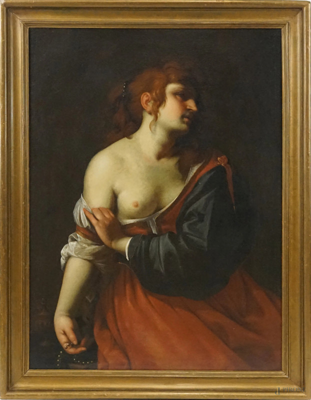 Alessandro Turchi detto l'Orbetto : Maddalena dal seno scoperto, olio su tela, cm 132x97, entro cornice.  - Asta ASTA A TEMPO DI ANTIQUARIATO E ARTE MODERNA – DUE SESSIONI - Aste Pirone