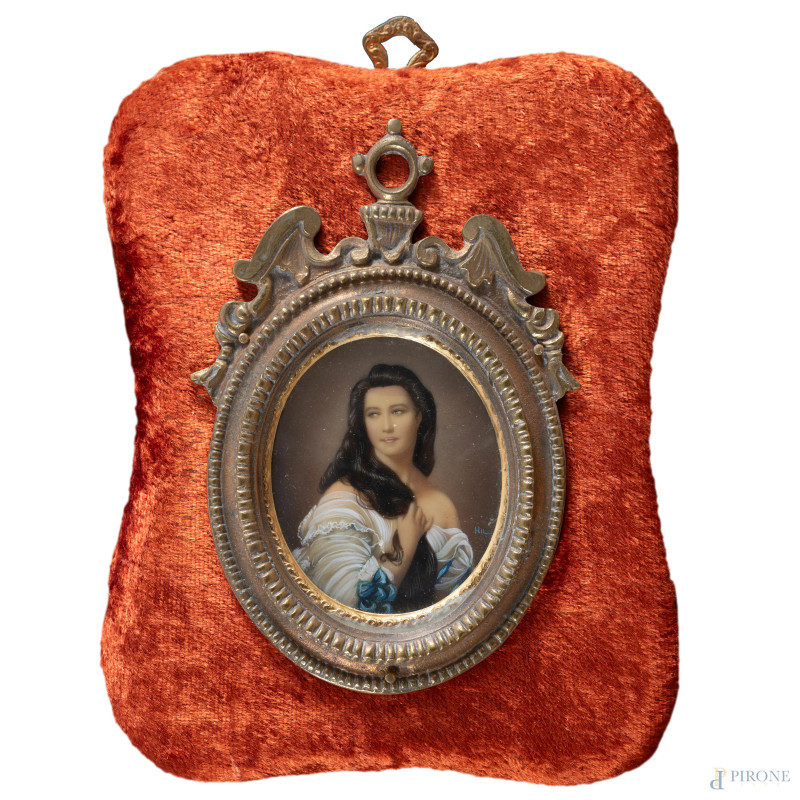 Miniatura raffigurante cortigiana, XX secolo, cm 6,5x5, entro cornice, (Segni di usura del tempo)  - Asta ASTA A TEMPO | VARIÆ	 - Aste Pirone