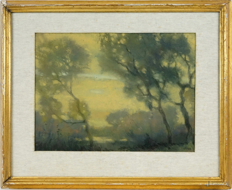 Alberi, pastello su carta, cm 26x36 circa, firmato, entro cornice  - Asta ASTA DI ARTE MODERNA, CONTEMPORANEA E VINTAGE - Aste Pirone