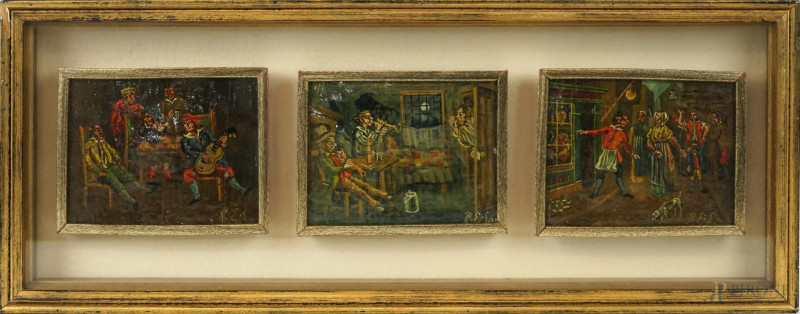 Tre miniature raffiguranti scene di genere, olio su tavola, siglate in basso a destra, entro un'unica cornice, ingombro totale cm 21x53,5  - Asta ASTA DI ANTIQUARIATO E ARTE MODERNA - Aste Pirone