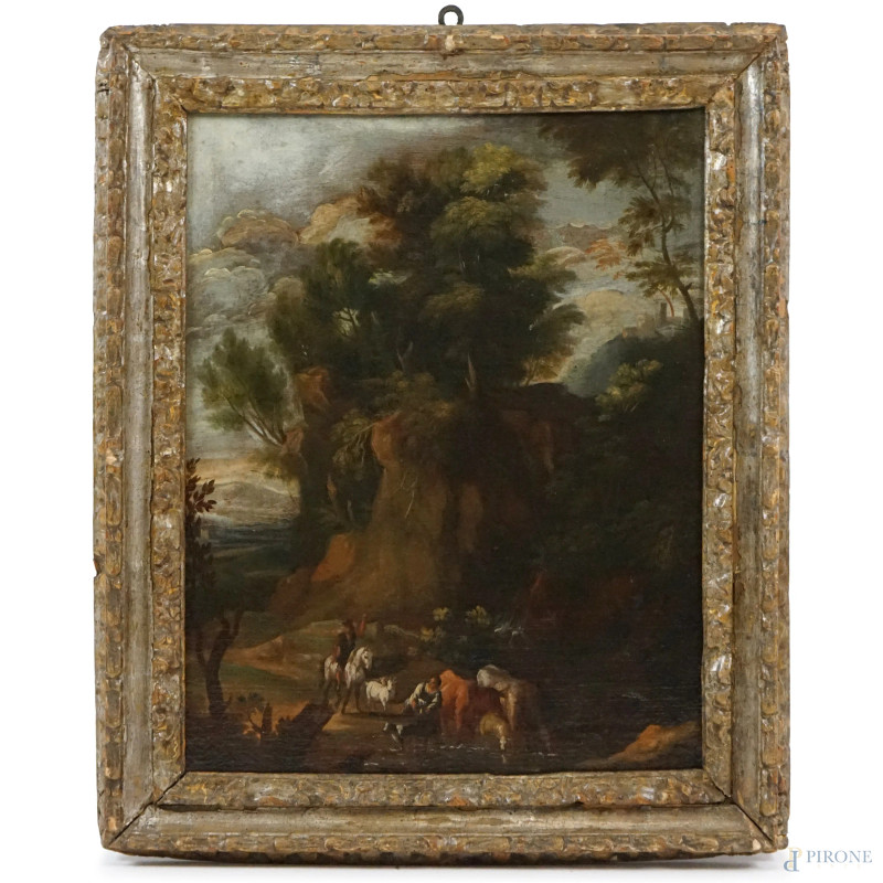 Pittore del XVII secolo, Paesaggio laziale con figure ed armenti, olio su tela, cm 64,5x50,5, entro cornice.  - Asta ASTA DI ANTIQUARIATO - Aste Pirone