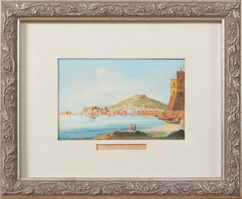 Costiera napoletana, XX secolo, tecnica mista su cartoncino, cm 19x24,5 compreso passepartout, entro cornice, (tracce di umidità, ondulazioni della carta)  - Asta RAPIDA SOLIS - Aste Pirone