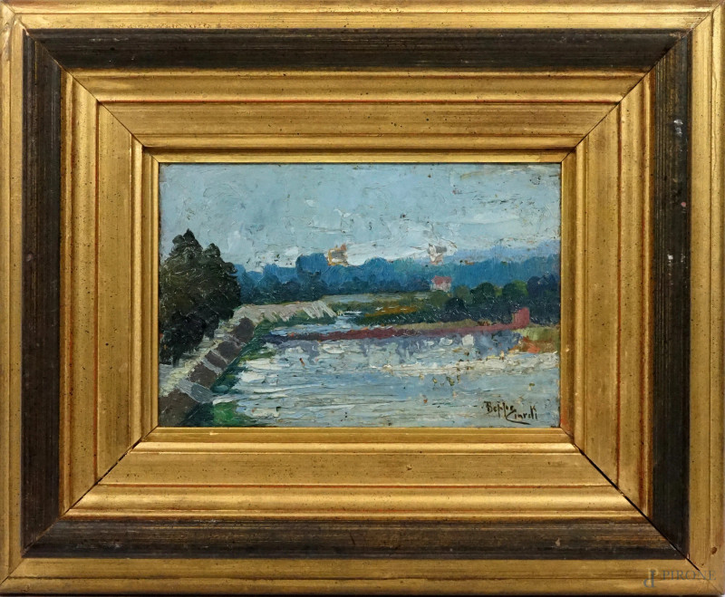 Paesaggio con lago, olio su cartone, cm 16x22, firmato, entro cornice.  - Asta ASTA A TEMPO DI ANTIQUARIATO E ARTE MODERNA - Aste Pirone