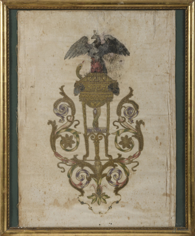 Elemento araldico, XIX-XX secolo, ricamo su tessuto, cm 73x51, entro cornice, (segni di usura, difetti, tracce di umidità)  - Asta  ASTA A TEMPO | VARIÆ - Aste Pirone