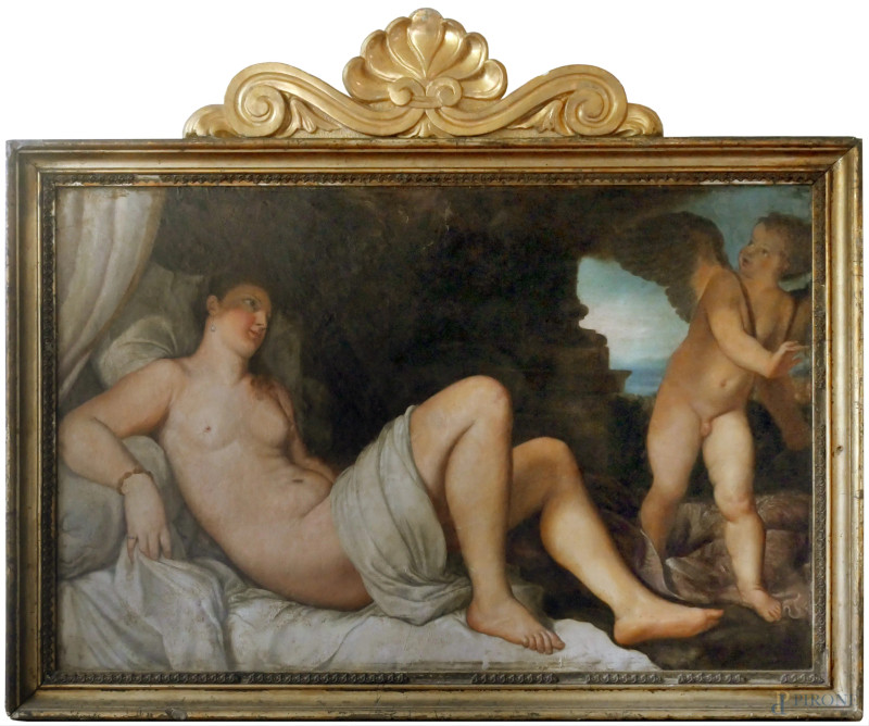 Danae, dipinto ad olio su cartone, cm 82x53 in cornice, con fregio intagliato in oro in foglia (cm 51x13)  - Asta ASTA A TEMPO DI ANTIQUARIATO E ARTE MODERNA - Aste Pirone