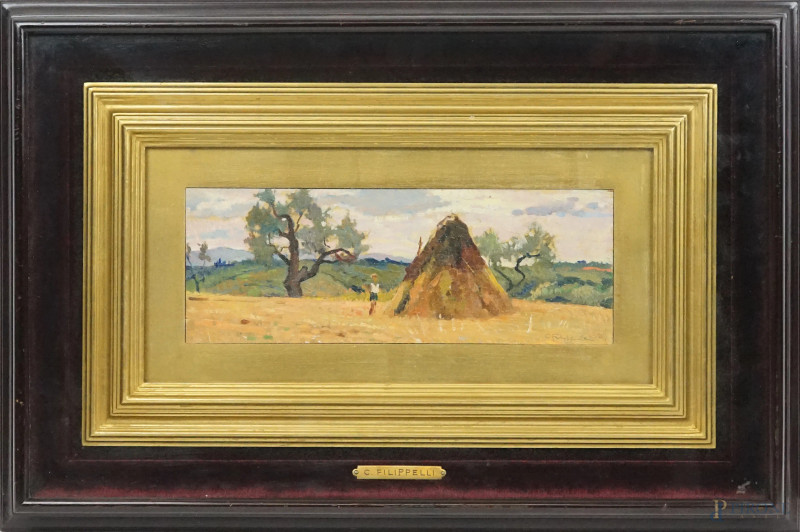 Paesaggio campestre con figura, olio su tavoletta, cm 10.5x29 circa, firmato C. Filippelli, in cornice  - Asta ASTA A TEMPO DI ANTIQUARIATO E ARTE MODERNA - Aste Pirone