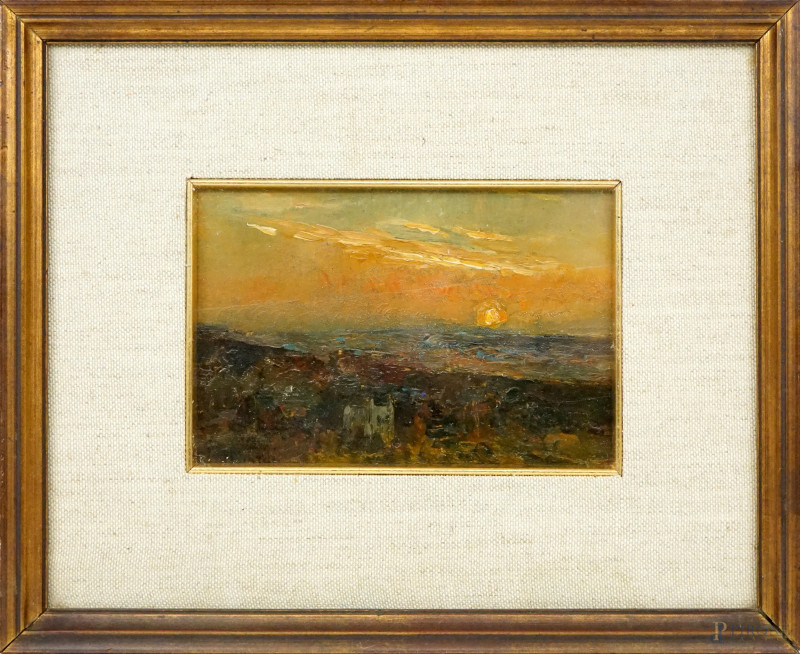 Paesaggio al tramonto, olio su tavola, cm 12,5x19, firmato, entro cornice  - Asta ASTA A TEMPO DI ANTIQUARIATO E ARTE MODERNA - Aste Pirone