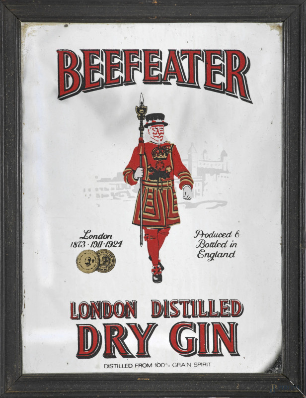 Specchio pubblicitario "Beefeater London distilled dry gyn", cm 34x26, (difetti)  - Asta ASTA A TEMPO | VARIÆ - Aste Pirone