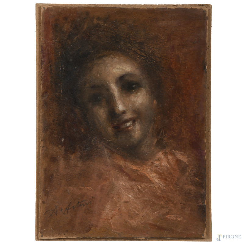 Antonio Asturi (1904-1984), Ritratto di fanciulla, olio su cartoncino applicato su cartoncino, cm 23x16,5, firmato in basso a sinistra, segni di usura, abrasioni, cadute di colore, difetti)  - Asta RAPIDA SOLIS - Aste Pirone