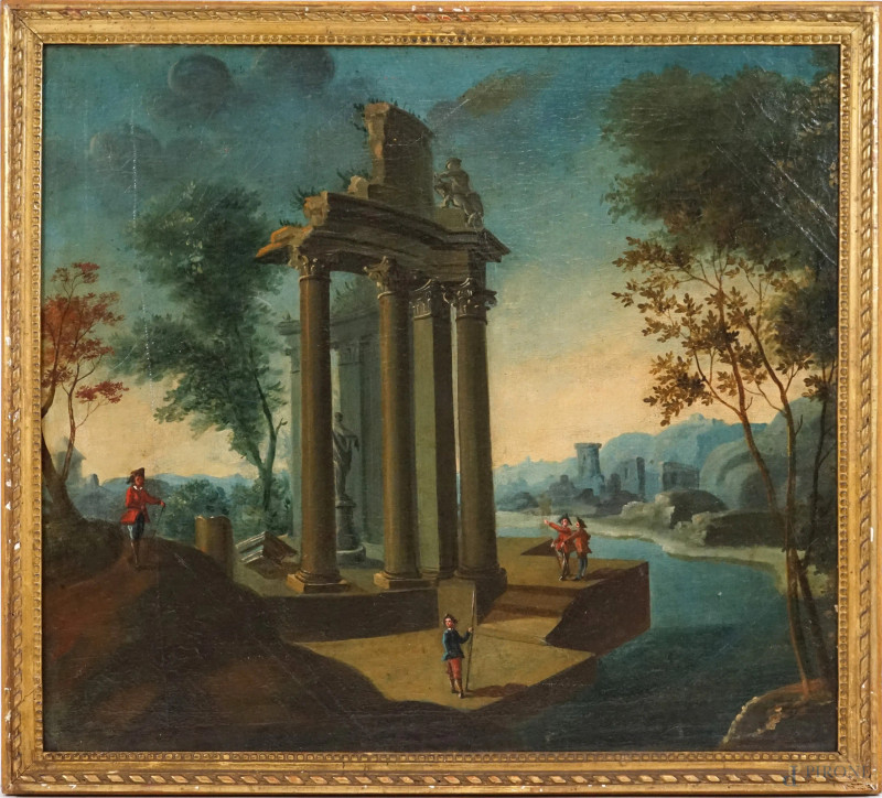 Capriccio con rovine e figure, olio su tela, cm 74x83, XVIII secolo, entro cornice, (lievi difetti).  - Asta ASTA DI ANTIQUARIATO E ARTE MODERNA - Aste Pirone