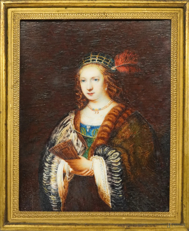 Dama con ventaglio da Rembrandt (1606-1669), miniatura dipinta, cm 10,5x8, firmata e datata a tergo Ferriere 1820, entro cornice.  - Asta ASTA A TEMPO DI ANTIQUARIATO E ARTE MODERNA - Aste Pirone