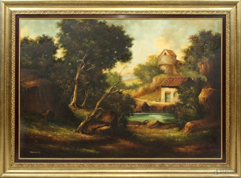 Paesaggio con case, olio su tela, cm 70x100, firmato, entro cornice.  - Asta SECONDA TORNATA D' ASTA A TEMPO DI FINE STAGIONE - Aste Pirone