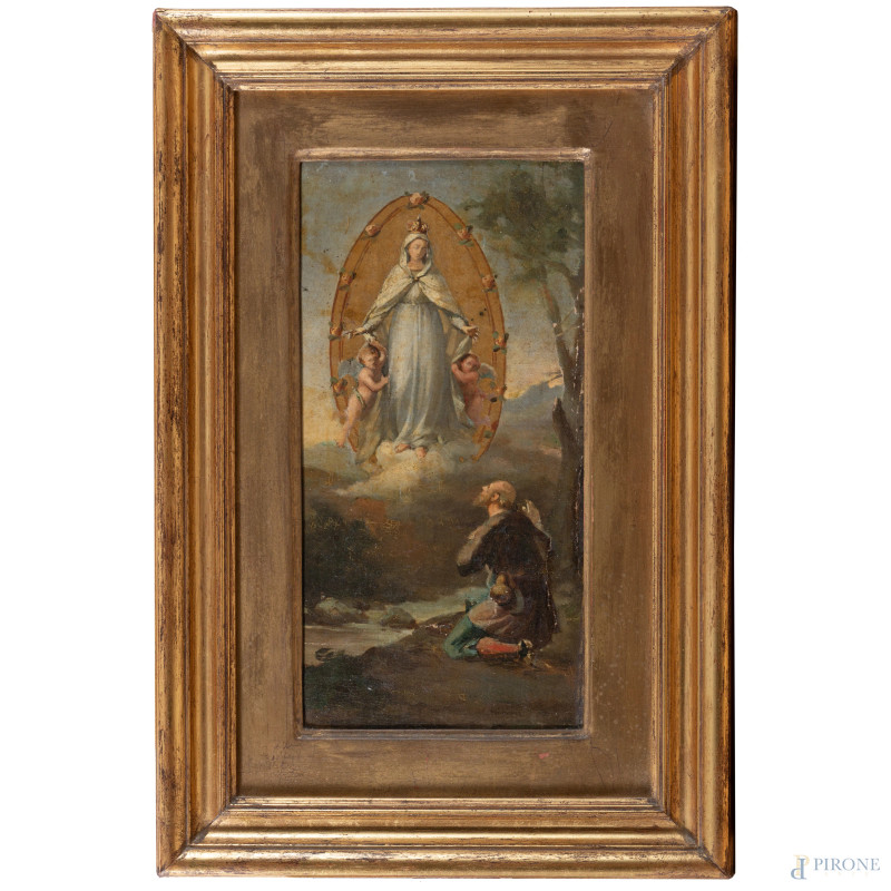 Apparizione della Vergine, XIX secolo, olio su tela applicata su compensato, cm 33x20, entro cornice, (segni di usura, abrasioni, lacerazioni, difetti, piccole cadute di colore)  - Asta RAPIDA SOLIS - Aste Pirone