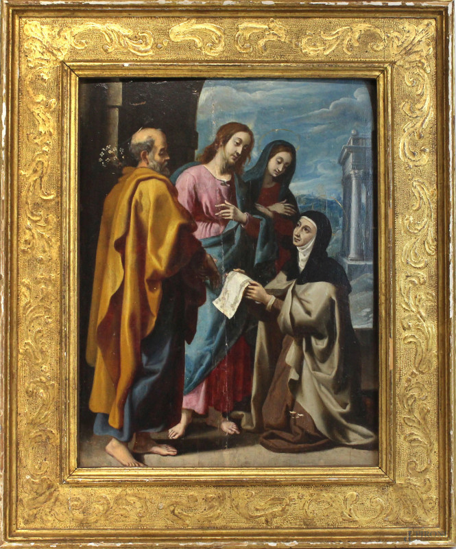 Pittore del XVI secolo, Santa Caterina da Siena con Cristo, la Vergine e San Giuseppe, olio su tavola, cm 44x34, entro cornice, (difetti).  - Asta ANTIQUARIATO E ARTE MODERNA - Aste Pirone