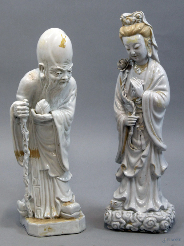 Guanyin e vecchio saggio, due sculture in ceramica smaltata bianca, alt. max cm 60, arte orientale, XX secolo, (difetti e restauri).  - Asta Asta a Tempo di Antiquariato e Arte Moderna - Aste Pirone