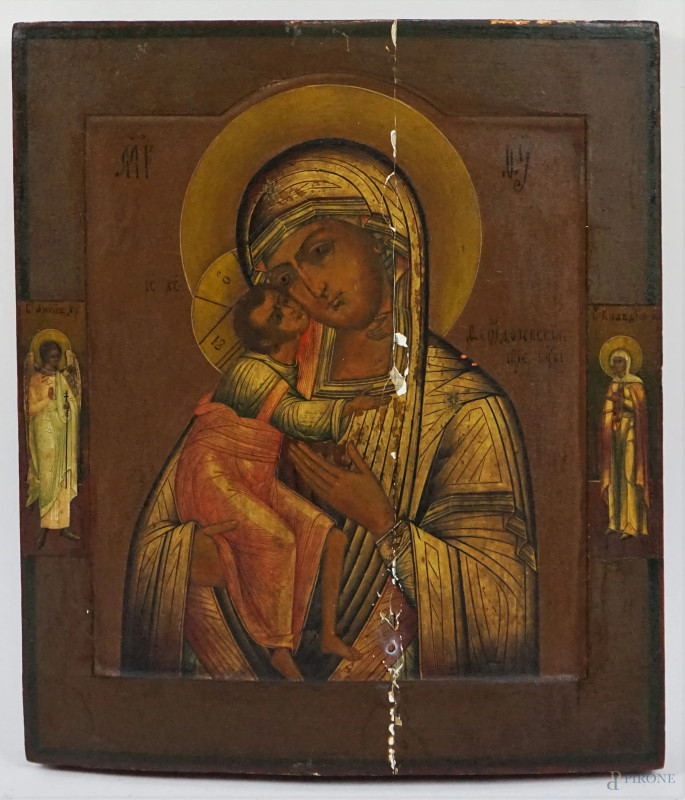 Icona raffigurante Madonna con Bambino e i Santi, tempera su tavola, cm 35,3x30, inizi XX secolo, (difetti e restauri).  - Asta ASTA DI ANTIQUARIATO - Aste Pirone