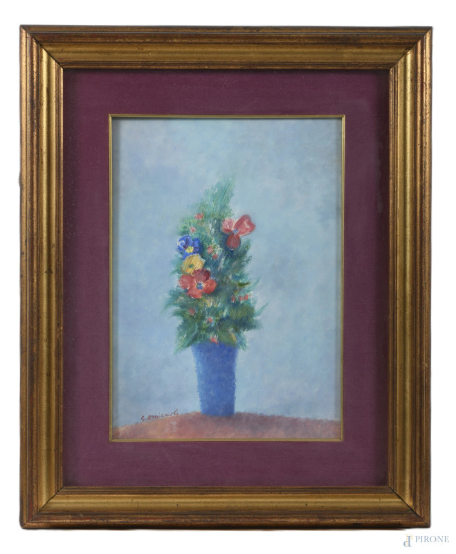 Fiori nel vaso bleu, olio su compensato, cm 51x36, firmato in basso a sinistra, entro cornice  -  Pirone Last Call - Aste Pirone