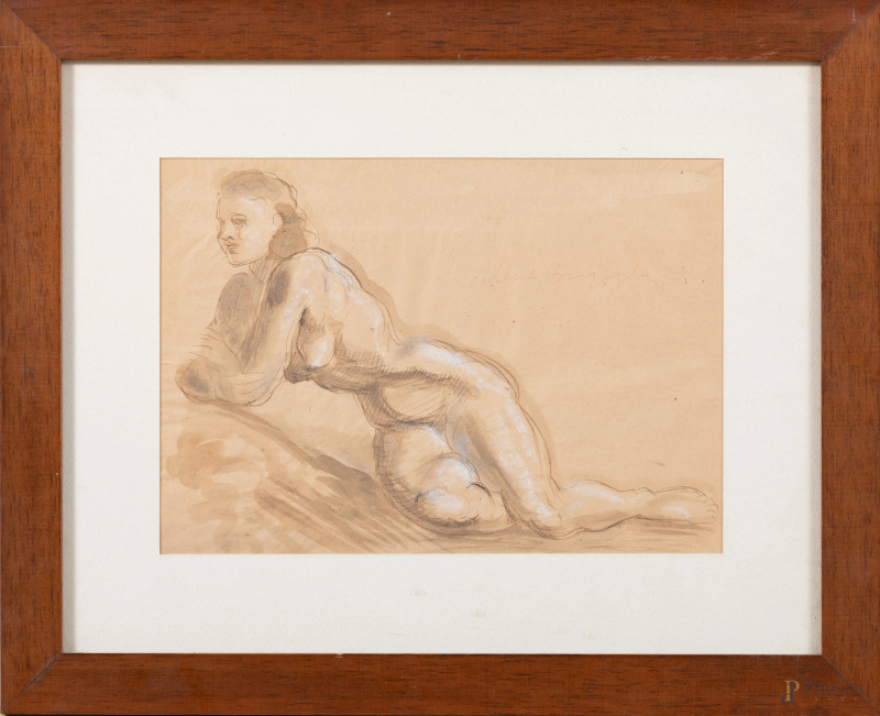 Nudo di donna, XX secolo, disegno a tecnica mista su carta, cm 28,5x37 compreso passepartout, firmato, entro cornice, (segni di usura, increspature della carta)  - Asta ASTA A TEMPO | VARIÆ	 - Aste Pirone
