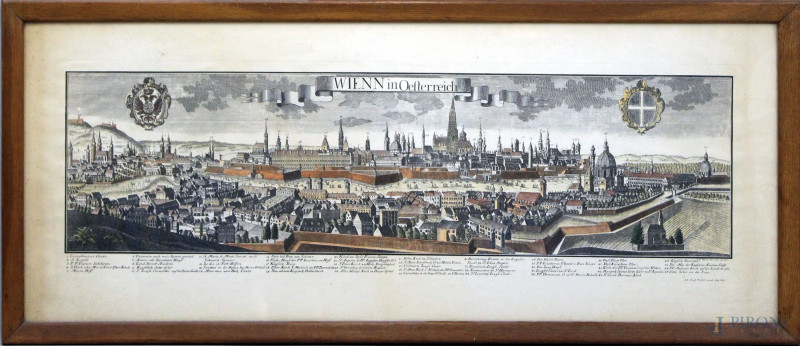 Veduta di Vienna, stampa acquerellata da Friedrich Bernhard Werner, cm 45x117,5, entro cornice.  - Asta Asta a Tempo di Antiquariato e Arte Moderna - Aste Pirone