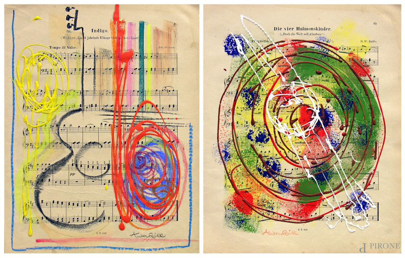 Composizione astratta con chitarra e Composizione astratta con vortice, lotto composto da due tecniche miste su spartito musicale, ciascuna cm 33x26, firmate e corredate di autentica  - Asta ASTA DI ARTE MODERNA, CONTEMPORANEA E VINTAGE - Aste Pirone