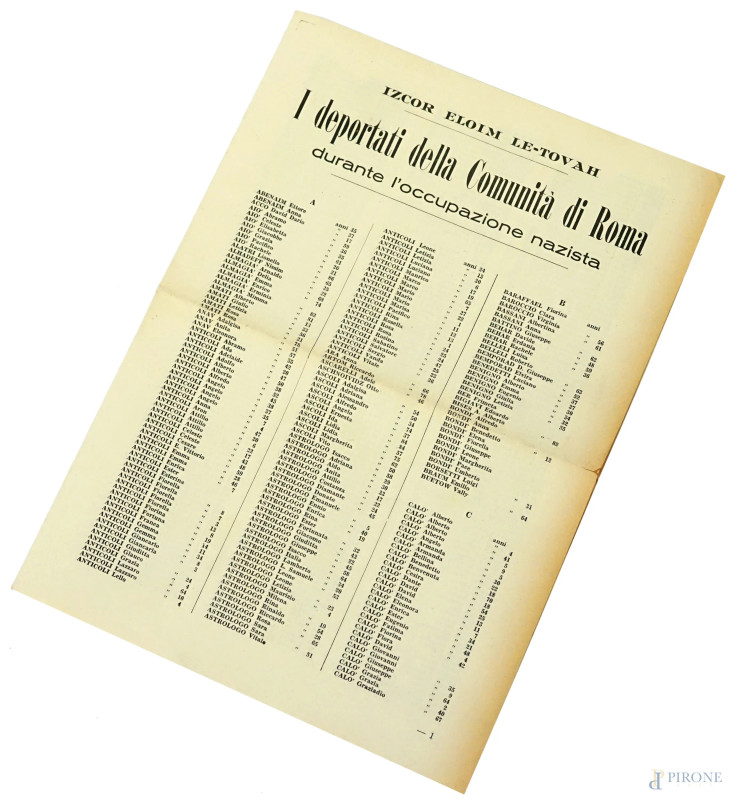 I deportati della Comunità di Roma durante l'occupazione nazista, cm 30x21,5  - Asta ASTA A TEMPO di Arte Moderna e Antiquariato - Aste Pirone