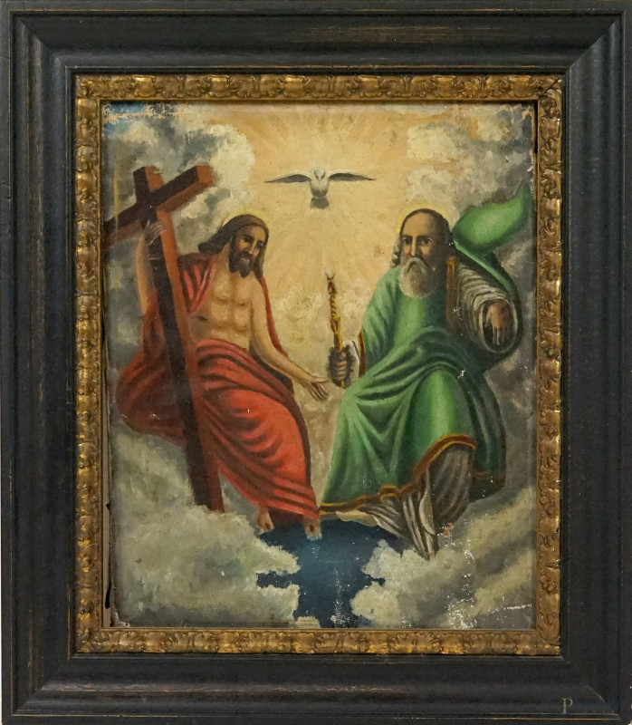 La Santissima Trinità, olio su tela, cm 29x23,5, inizi XX secolo, entro cornice, (lievi difetti).  - Asta ASTA A TEMPO di Arte Moderna e Antiquariato - Aste Pirone