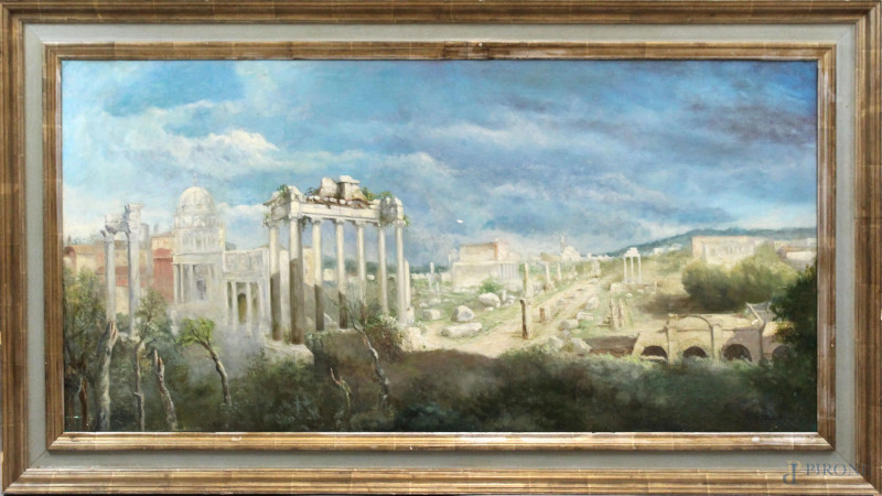 Veduta dei Fori imperiali, olio su masonite, cm 60x120,5, firmato, entro cornice.  - Asta ANTIQUARIATO E ARTE MODERNA - Aste Pirone