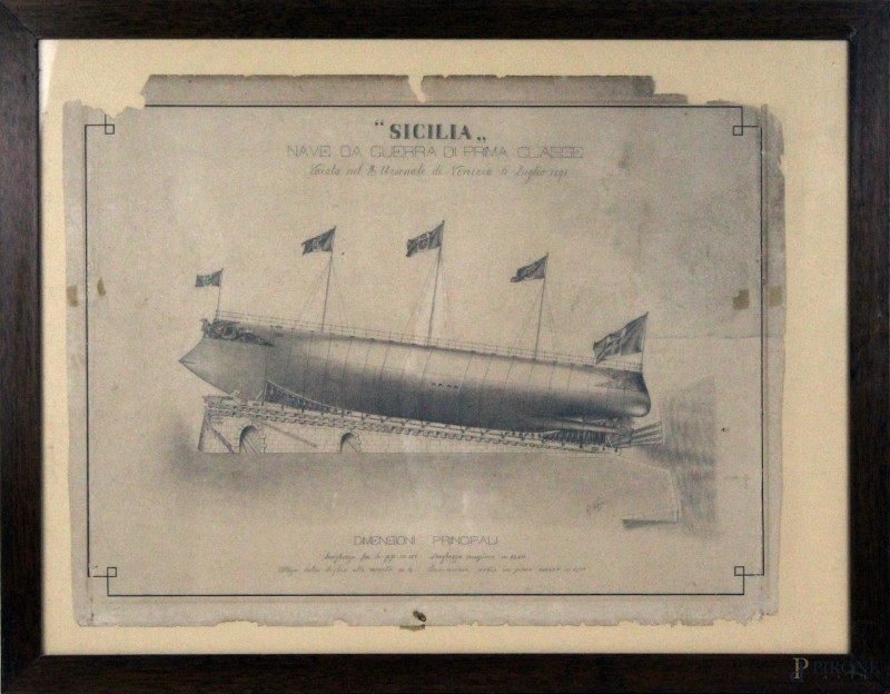 Sicilia nave da guerra di prima classe varata nel R. Arsenale di Venezia il 6 luglio 1891, matita su carta, cm 48x62, firmato G. Fabris, entro cornice (difetti alla carta).  - Asta PRIMA TORNATA D' ASTA A TEMPO DI FINE STAGIONE - Aste Pirone