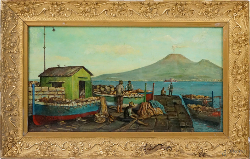 Scorcio del Golfo di Napoli, olio su tavola, cm 37x69, firmato, entro cornice.  - Asta ASTA DI ANTIQUARIATO - Aste Pirone