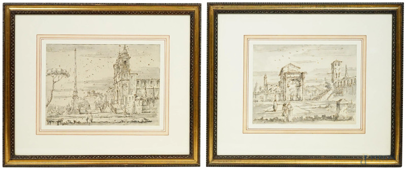 Trinità dei Monti e Piazza con figure, coppia di disegni realizzati ad  inchiostro bruno ed acquarello su carta, cm 17x22,5, XIX secolo, entro cornici, (macchie)  - Asta ASTA A TEMPO DI ANTIQUARIATO E ARTE MODERNA – DUE SESSIONI - Aste Pirone