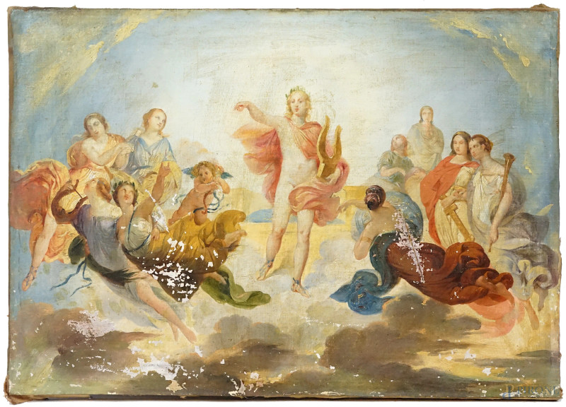 Pittore del XX secolo, Apollo e le Muse, olio su tela, cm 41x59, (difetti).  - Asta ASTA A TEMPO DI ANTIQUARIATO E ARTE MODERNA - Aste Pirone