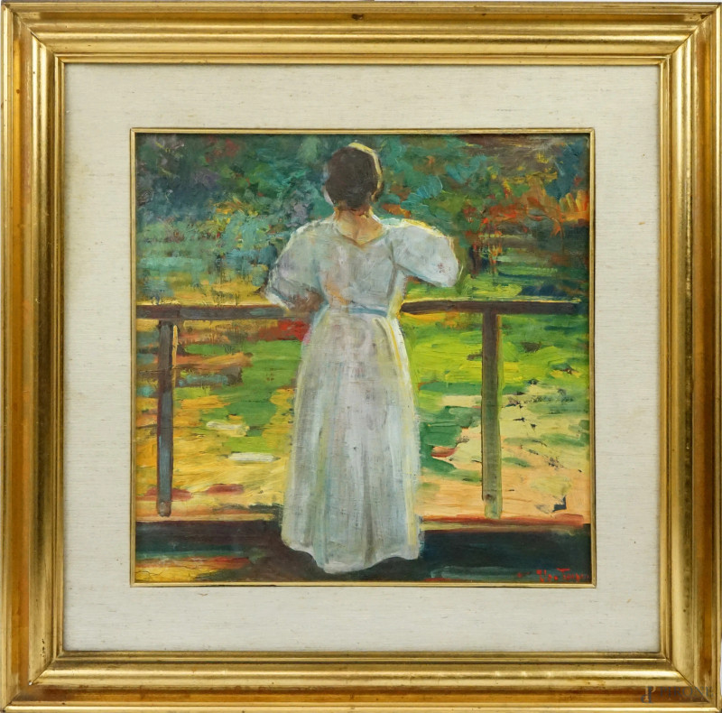 Fanciulla di schiena, olio su tavoletta, cm 39x39, firmato, entro cornice  - Asta ASTA A TEMPO - Aste Pirone