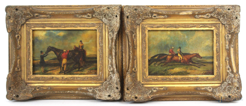 Lotto di due dipinti raffiguranti fantini a  cavallo, olio su masonite, cm 11,5x16,5, firmati, entro cornici.  - Asta ASTA DI ARTE MODERNA E ANTIQUARIATO - Aste Pirone